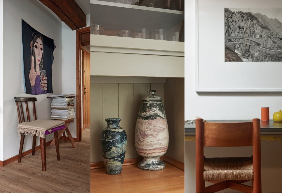 Het huis heeft veel kleine artefacten die allemaal hun eigen verhaal hebben. Collage of interior Mathias Mentze