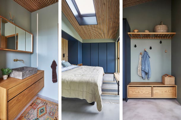 De houten lamellen aan het plafond en achter het bed geven een mooi visueel effect en dempen het geluid in de verschillende ruimtes. De houten lamellen aan het plafond en achter het bed geven een mooi visueel effect en dempen het geluid in de verschillende ruimtes.