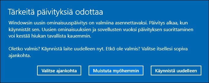 Päivityksen voi asentaa heti tai lykätä myöhemmäksi.