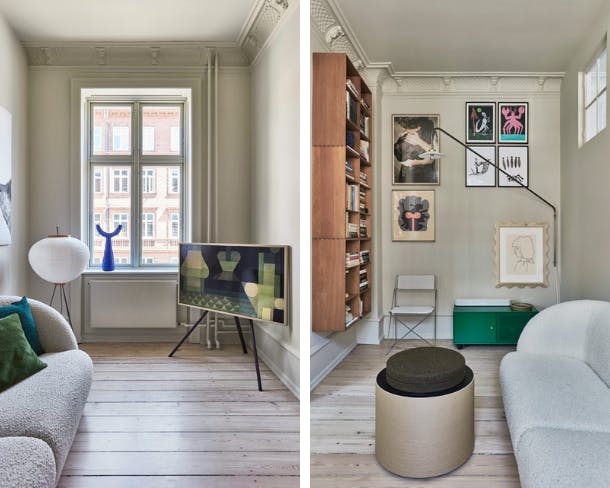 in de kleine tv-kamer zijn de kleuren rustiger gehouden dan in de rest van het huis, omdat deze ruimte bedoeld is als plek voor bezinning. Scandinavisch design woonkamer en tv kamer