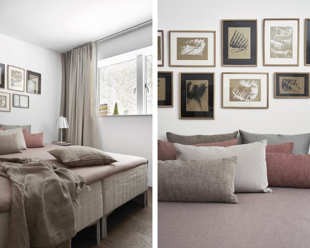 natuurlijke tinten regeren in de slaapkamer. Het bed is van Ikea, de kussens in bruin- en rozetinten zijn gemaakt door Karina met stoffen van Nevotex. natuurlijke tinten regeren in de slaapkamer. Het bed is van Ikea, de kussens in bruin- en rozetinten zijn gemaakt door Karina met stoffen van Nevotex.